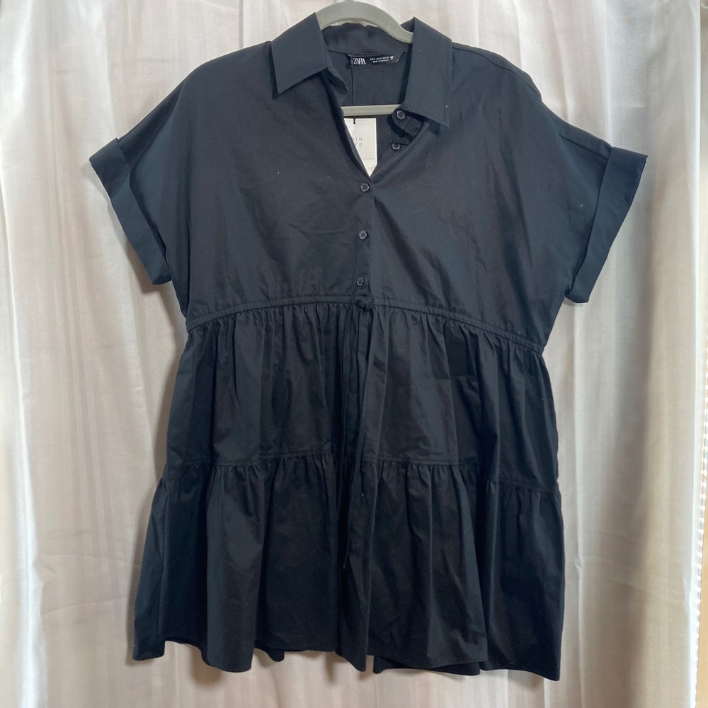NWT ZARA Black Tiered Button Front Shirt Dress Casual‎ Mini Tunic S Modern Basic